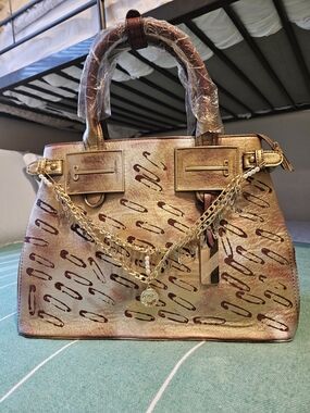 NWT Hand Designed Y2K Gold Patterned Women's Satchel Handbag with Chain Charm